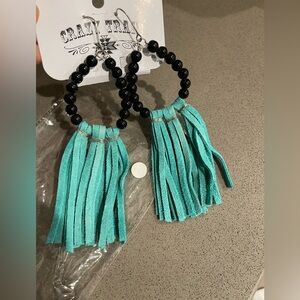 NWT Crazy train turquoise fringe leather bead earrings